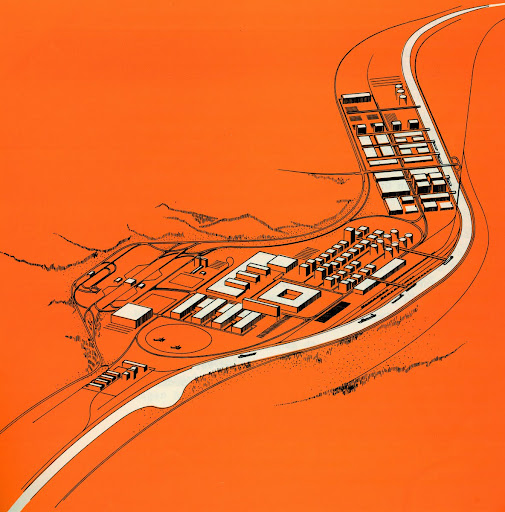 Illustrated logistics network with roads, depots and service facilities